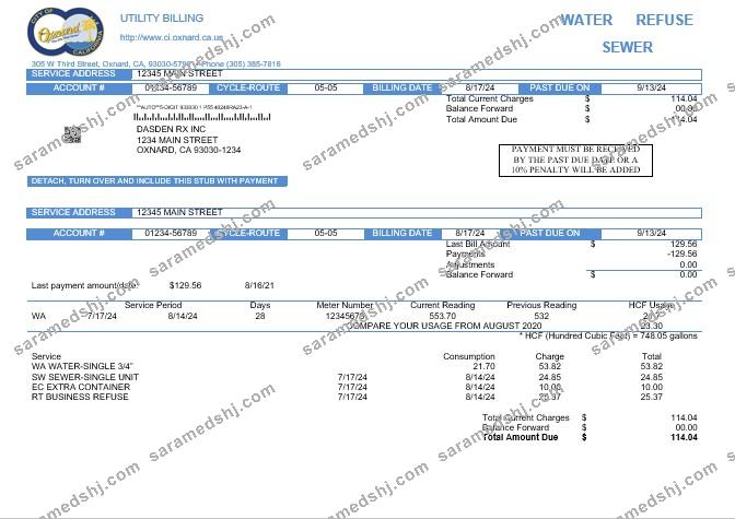 USA California City of Oxnard business utility bill template in Word and PDF formats